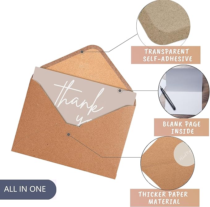 100 Bulk Khaki Thank You Cards with Kraft Envelopes and stickers - 4 Minimalistic Designs Blank Thank You Notes with Envelopes beige for business Wedding Bridal Gift Baby Shower Business Graduation