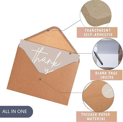 100 Bulk Khaki Thank You Cards with Kraft Envelopes and stickers - 4 Minimalistic Designs Blank Thank You Notes with Envelopes beige for business Wedding Bridal Gift Baby Shower Business Graduation