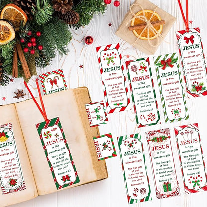 Haooryx 120pcs Christmas Theme Bookmarks, Christmas Candy Cane Pattern Bookmarks with Red Ribbons, Christian Religious Christmas Bookmark Party Favor for Sunday School Supply Classroom Students Reward