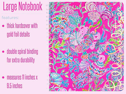 Lilly Pulitzer Large Pink Hardcover Spiral Notebook, 11" x 9.5" with 160 College Ruled Pages, Shell Me Something Good