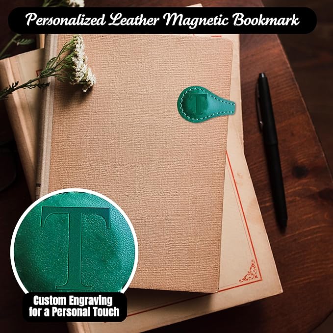 Personalized Leather Magnetic Bookmarks (1 Pack) Vintage Custom Engraved Initial ID Identification Book Marker Clip Gift for Book Lover Avid Readers (Letter T, Green)