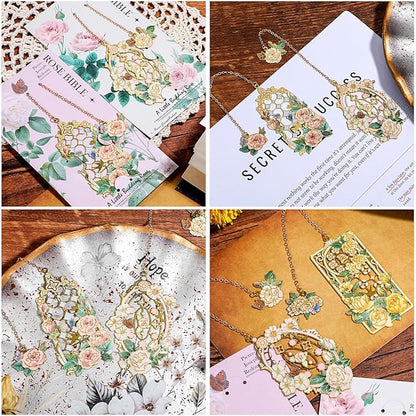 2 Pcs Metal Rose Bookmarks, Beautiful Book Marks for Reading Women Vintage Bookmarks with Metal Chain Pretty Bookmark Gift for Book Lovers Readers Birthday Christmas Gifts(Pink, White Roses)