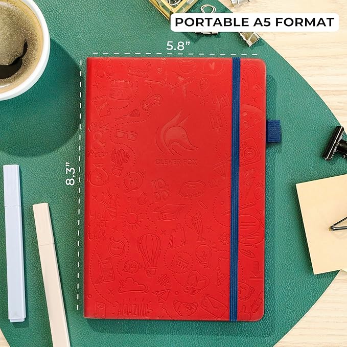 Clever Fox Dotted Journal 2.0 – Compact Planning and Sketching Dot Grid Notebook 120 GSM Thick, No-Bleed Paper – Planner with Pen Loop, Pocket, Ribbons, Stickers A5 - Wine Red