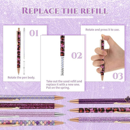 Sherr 7 Pcs Fancy Pens for Women Cute Sparkly Glitter Pens with 10 Pcs Black Ink Refills Pretty Gifts for Girls Office School Christmas Graduation(Purple,Stylish)