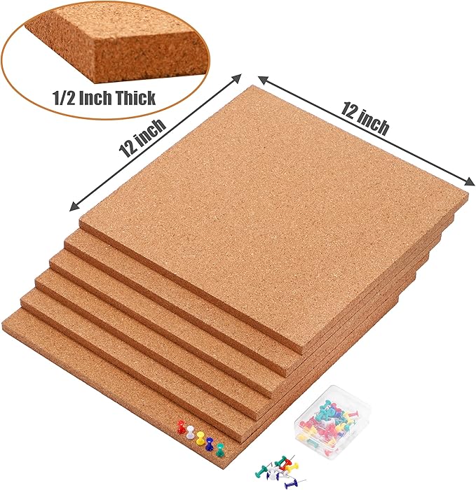 SUNGIFT Cork Boards for Walls - 12" x 12" Corkboard Squares, 1/2" Thick Cork Board Tiles, 6 Pack Wall Bulletin Board with 50 Push Pins for Office, Home Decor