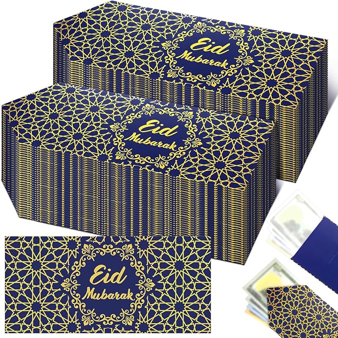 Sinmoe 72 Pcs Eid Al Adha Money Envelopes Bulk 6.7 x 3.2 inch Gold Foil Cash Gift Card Ramadan Lucky Cash Envelope Cash Set for Eid Holiday Currency Celebration Decorations (Blue)