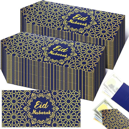 Sinmoe 72 Pcs Eid Al Adha Money Envelopes Bulk 6.7 x 3.2 inch Gold Foil Cash Gift Card Ramadan Lucky Cash Envelope Cash Set for Eid Holiday Currency Celebration Decorations (Blue)
