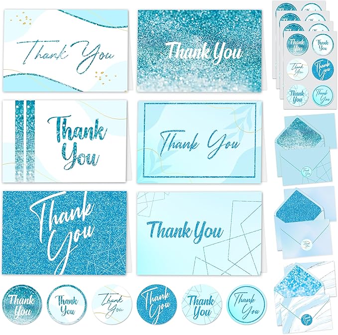 Decorably 24 Pack Glittery 6x4in Light Blue Thank You Cards with Envelopes and Stickers, 24 Elegant Designs, Blank Inside - Wedding, Baby Shower