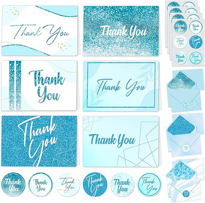 Decorably 24 Pack Glittery 6x4in Light Blue Thank You Cards with Envelopes and Stickers, 24 Elegant Designs, Blank Inside - Wedding, Baby Shower