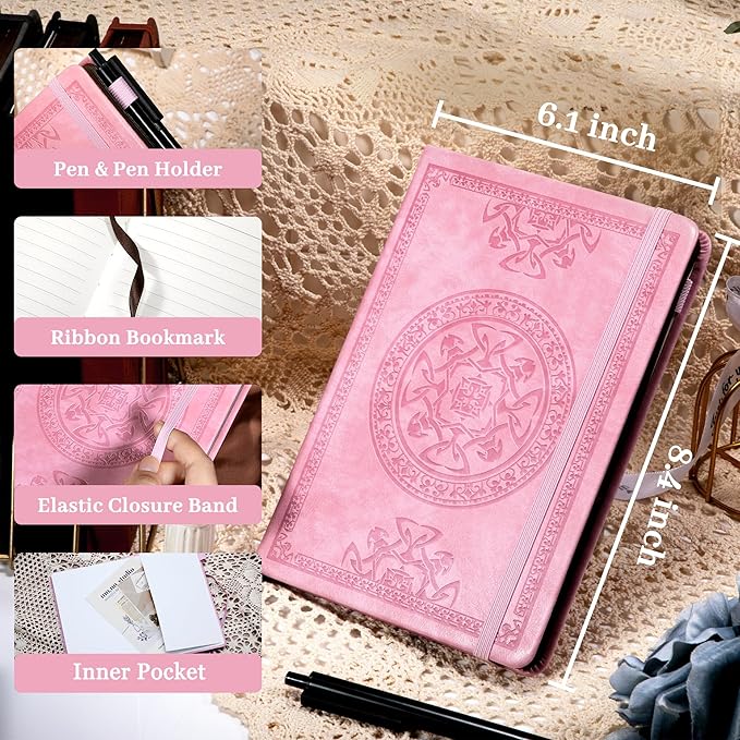 CAGIE Leather Journals for Writing Hardcover Journal for Men with Pen, 290 Pages Lined Journaling Notebooks for Work Pink Leather Vintage Journal Notebook, 6.1" x 8.5"