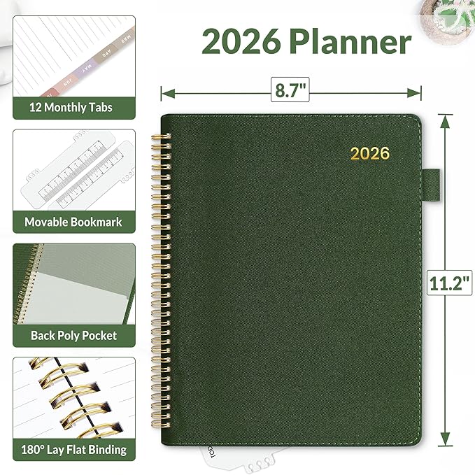 SUNEE 2026 Weekly & Monthly Planner 9"x11.2"- 12 Month (January 2026 - December 2026), Vegan Leather Cover, Pocket, Bookmark, Notes, Monthly Tab, Deep Green