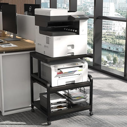 3-Tier Printer Stand with Wheels Retro Brown Printer Desk Removable and Fixed Printer Stand Rolling Cart Rack for Fax Machine, Scanner Office and Home Storage Rack