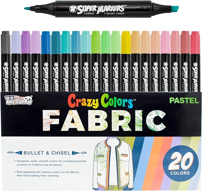 Super Markers 20 Unique Pastel Colors Dual Tip Fabric & T-Shirt Marker Set - Double-Ended Fabric Markers with Chisel Point and Fine Point Tips - 20 Permanent Ink Vibrant and Bold Colors