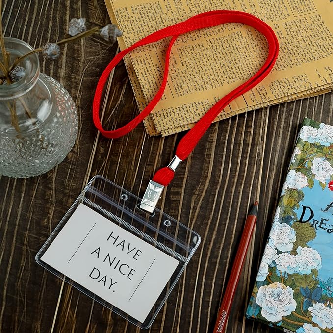 100Pcs Clear Plastic Horizontal Name Tags Badge ID Card Holders and 100Pcs Lanyards with Clip (Red)