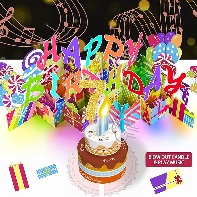 Gumry 7TH Musical Birthday PopUp Card, Blowable Colorful Light Candle 3D Cards with Song, Applause Cheers Sound, Greeting Cards Birthday Gifts Decorations for Daughter Son Turning 7 Years Old