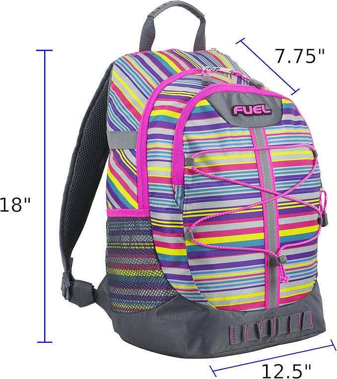 FUEL Hiking Backpack for Women Men Terra Sport, Travel, College, Gym, Work with Laptop Sleeve, Bungee, 18 Inches, Pink Rainbow Stripes