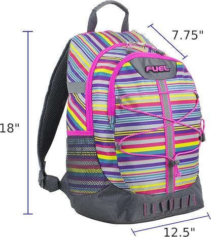 FUEL Hiking Backpack for Women Men Terra Sport, Travel, College, Gym, Work with Laptop Sleeve, Bungee, 18 Inches, Pink Rainbow Stripes