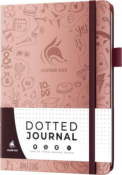 Clever Fox Dotted Journal 2.0 – Compact Planning and Sketching Dot Grid Notebook 120 GSM Thick, No-Bleed Paper – Planner with Pen Loop, Pocket, Ribbons, Stickers A5 - Rose Gold