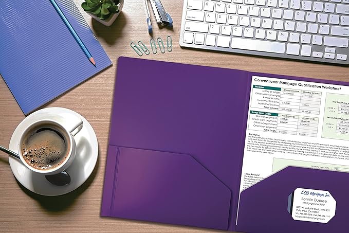 Better Office Products Heavyweight Plastic 2 Pocket Portfolio Folder, Letter Size Poly Folders 24 Pack (Purple)