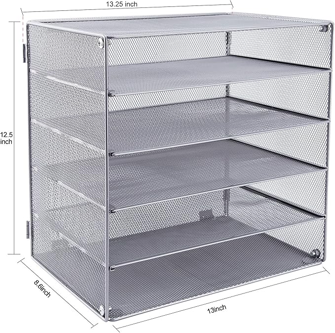EASEPRES 5 Slot Mesh Desk Organizer Tray, File Paper Letter Folder Holder Desktop Paper Sorter Mail Organization Rack Storage Accessories, for Office Home School Classroom, Silver, 2 Pack