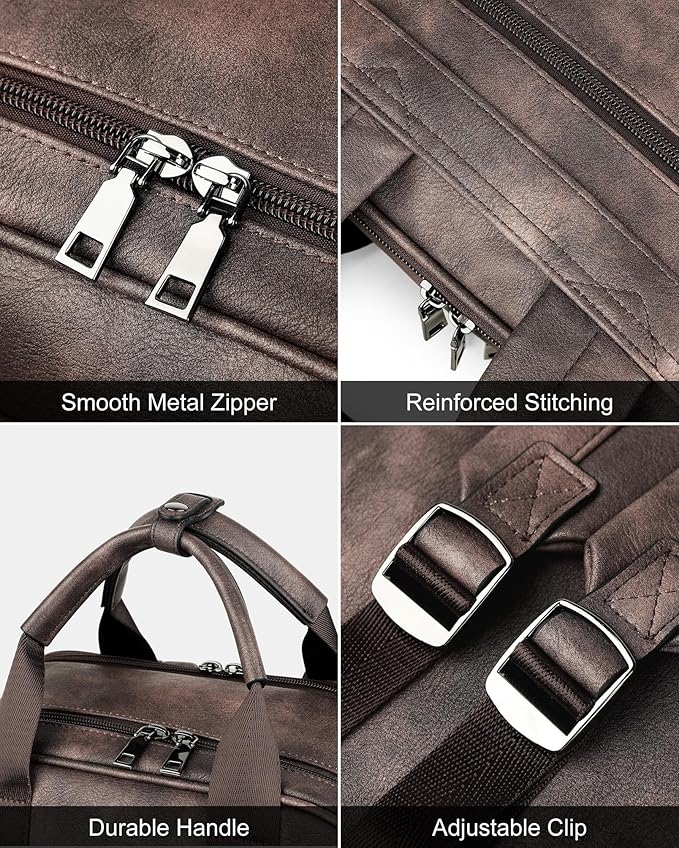 MASINTOR Leather Laptop Backpack for Women, Stylish Computer Backpack College Business Work Shoulder Bags Work and Travel Retro Coffee