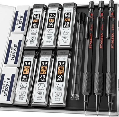 0.5mm Mechanical Pencil Set, 3PCS Metal Mechanical Pencils 0.5mm with 6 Tubes HB & 2B Lead Refills, Erasers, Weatherproof Artist Pencils with Case for Outdoor Writing Drafting Drawing