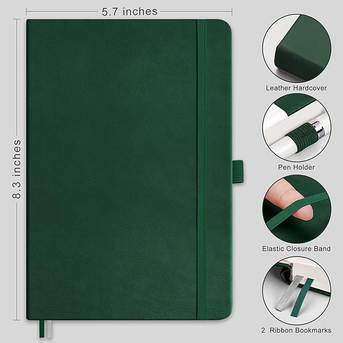 RETTACY Blank Journal Notebook, A5 Blank Journal with 192 Pages, 5.7'' × 8.3'' Medium Size, 68 LB/100 GSM Thick Paper, Leather Hardcover, for Sketching, Drawing, Painting (Dark Green)