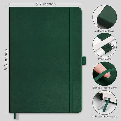 RETTACY Blank Journal Notebook, A5 Blank Journal with 192 Pages, 5.7'' × 8.3'' Medium Size, 68 LB/100 GSM Thick Paper, Leather Hardcover, for Sketching, Drawing, Painting (Dark Green)