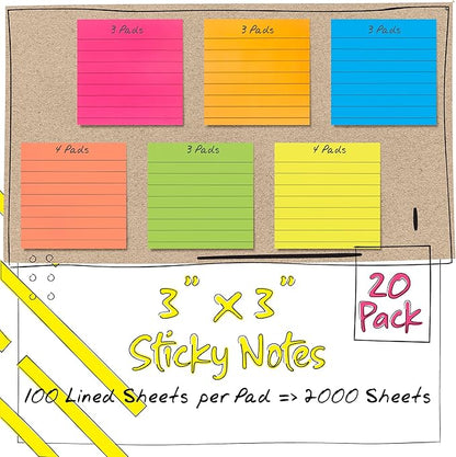 Better Office Products Lined Sticky Notes 3 x 3, 20 Pack Box, 2,000 Sheets (100/Pad), Self Stick Notes with Lines, Bright Assorted Colors, Post Memos, Strong Adhesive, 20 Pads in Box