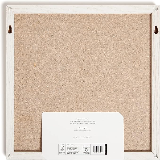 U Brands Rustic Linen Bulletin Board, 14"x14", White Wood Style Frame, Industrial Grade Pinning Surface, includes Push Pins