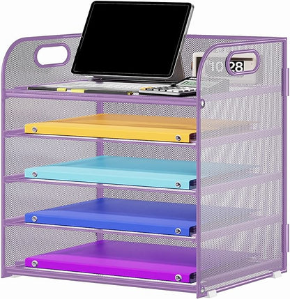5 Tier Paper Organizer with Handle, Metal Mesh Desk Organizer File Folder Organizer Paper Letter Tray Desktop Document Sorter for Classroom, School, Office Organization and Storage - Purple