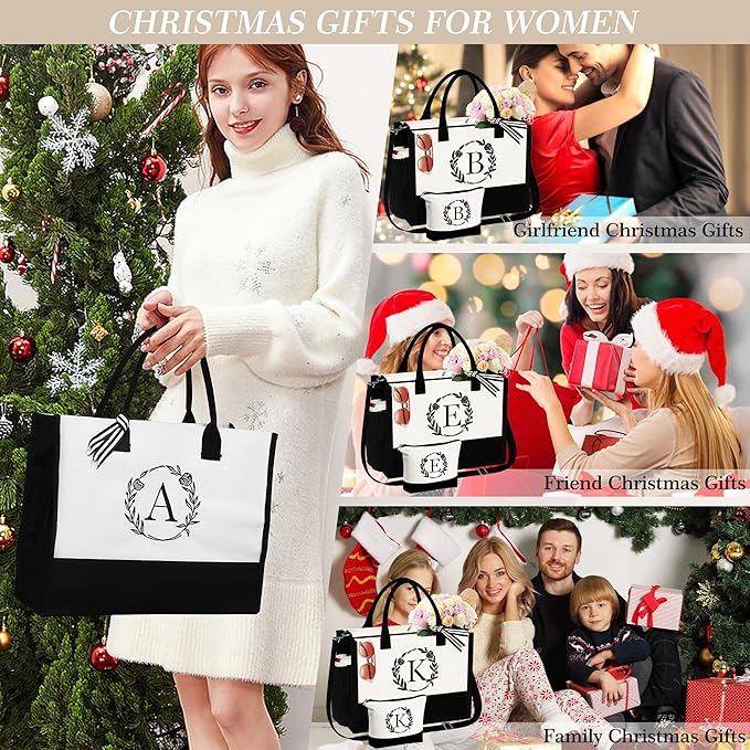 YOOLIFE Christmas Gifts for Women - Initial Canvas Tote Bag & Makeup Bag, Birthday Gifts for Women Her Mom Teacher Friend