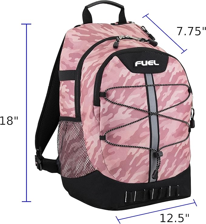 FUEL Hiking Backpack for Women Men Terra Sport, Travel, College, Gym, Work with Laptop Sleeve, Bungee, 18 Inches, Pink Camo