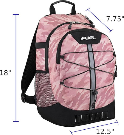 FUEL Hiking Backpack for Women Men Terra Sport, Travel, College, Gym, Work with Laptop Sleeve, Bungee, 18 Inches, Pink Camo