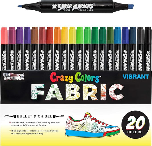 U.S. Art Supply Super Markers 20 Unique Colors Dual Tip Fabric & T-Shirt Marker Set-Double-Ended Fabric Markers with Chisel Point and Fine Point Tips - 20 Permanent Ink Vibrant and Bold Colors