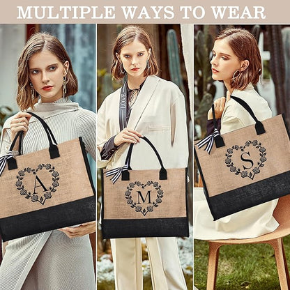 YOOLIFE Christmas Gifts for Women - Initial Jute Tote Bag & Makeup Bag, Birthday Gifts for Women Her Mom Teacher Friend