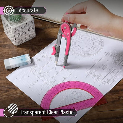 Mr. Pen- Compass and Protractor Set, Vivid Cerise, Compass Geometry Tool, Protractor and Compass Set, Compass Drawing Tool, Drawing Compass, Geometry Compass, Math Compass for Geometry