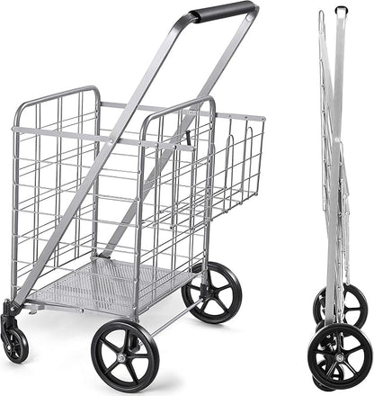 Wellmax Shopping Cart, Metal Grocery Carts For Groceries, Folding Cart For Convenient Storage And Holds Up To 160lbs, Dual Swivel Wheels and Extra Basket, Silver