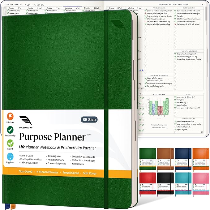 Roterunner Softcover Purpose Planner Notebook B5 7.5 x 9.8 Undated Daily Planner 2024-2025 Daily Weekly and Monthly Productivity Planner Life Planner ADHD Planner for Adults Self Care Journal