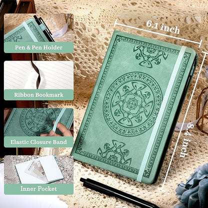 CAGIE Leather Journal for Men Hardcover Journals for Writing with Pen, 290 Pages Lined Journaling Notebooks for Work Leather Vintage Journal Notebook, 6.1" x 8.5", Green