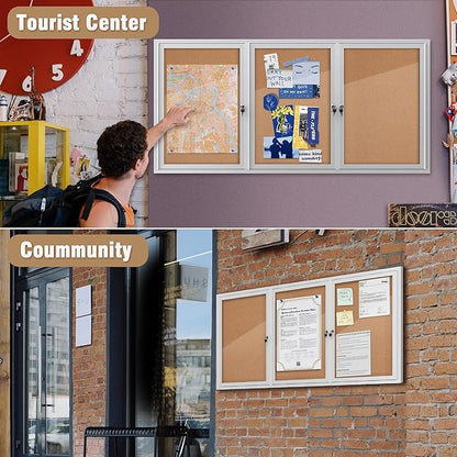 70"x34" Enclosed Bulletin Board, Outdoor Lockable Weather-Resistant Aluminum Cork Noticeboard for School & Office, Silver Frame w/Cork