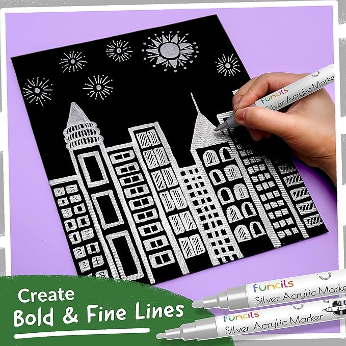 5 Acrylic Silver Paint Pen - Silver Marker Metallic Paint Pens for Fabric, Wood, Canvas, Leaf, Metal, Glass, Plastic - Permanent Pen Fine Tip, Thin Point & Jumbo (1mm, 3mm, 6mm, 10mm, 15mm)