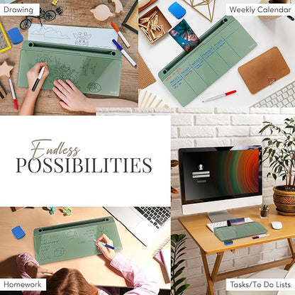 Birch Desktop Whiteboard with Storage & Multiple Markers Surface Desktop Glass Dry Erase Board Desk Top White Board Dry Erase Notepad Desk White Board Tabletop Desk Whiteboard (Moss)