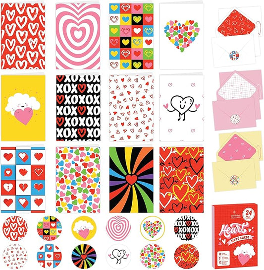 Decorably 24 Pack 4x6in Heart Note Cards with Envelopes and Stickers, 12 Charming Designs Heart Card, Blank Inside - Valentine's Day, Mother's Day, Birthday