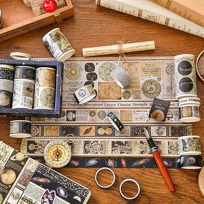 18 Rolls Vintage Washi Tape Pack Retro Arts Adhesive Tapes Wide Monologue Decorative Masking Tape Sets for Craft, Kids, Scrapbook, DIY, Gift Wrapping (Universe Milky Way)