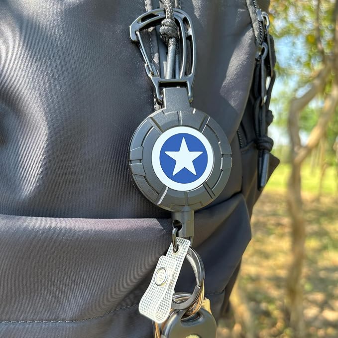 Rotating Blue Star Faceplate Badge Reel with Retractable Steel Wire Keychain, Heavy Duty Carabiner Holder, Ideal for Key & Card Storage Gift for Men