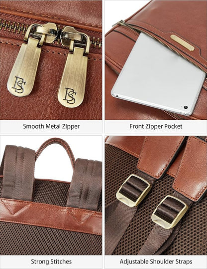 BOSTANTEN Men Leather Backpack, Vegetable Tanned Full Grain Leather 15.6 Inch Computer Backpack Business Work Daypack Vintage Travel Bags Redbrown