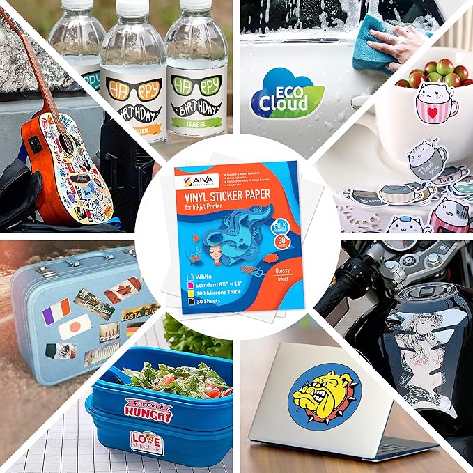 Printable Vinyl Sticker Paper - Waterproof Decal Paper for Inkjet Printer - 30 Self-Adhesive Sheets - Glossy White - Standard Letter Size 8.5"x11"