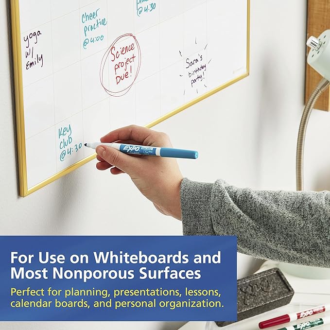 EXPO Low Odor Dry Erase Marker Set with White Board Eraser and Cleaner, Fine Tip Dry Erase Markers, Assorted Colors, 7 Piece Set with Whiteboard Cleaner
