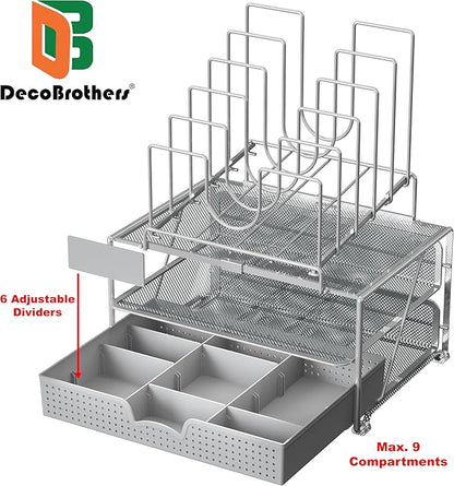 DecoBrothers Desktop File Organizer with Double Tray and 5 Folder Stand, Silver